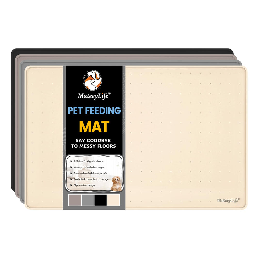 Tapete MateeyLife con borde elevado para evitar derrames en comida de mascotas.