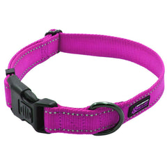 Collar de nylon reflectante de Max y Neo rosa visto de frente para mejor visibilidad nocturna