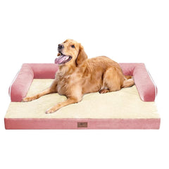 Cama MEKIY para perro grande con espuma ortopédica rosa y borde XL.