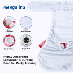 Mengelina pañales para perras, vista lateral, alta absorción para incontinencia leve.