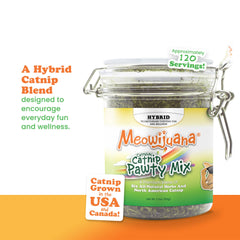 Meowijuana Catnibas Pawty Mix con hierbas de Norteamérica para variedad sensorial.