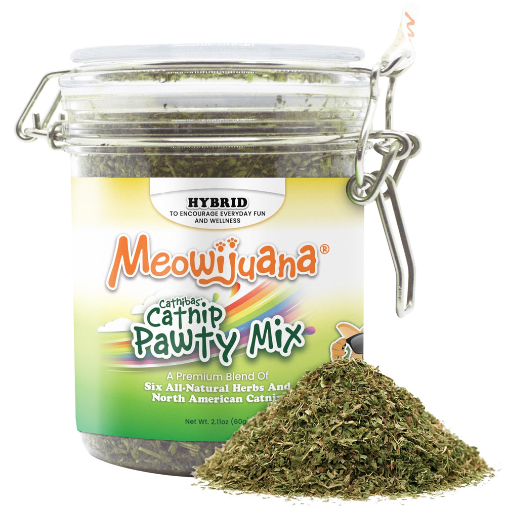 Meowijuana Catnibas Pawty Mix en una jarra, ideal para enriquecer la hora de juego.