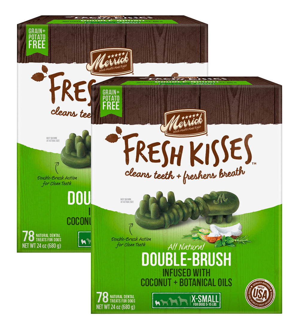 Merrick Fresh Kisses: doble cepillo para limpieza dental en perros toy.