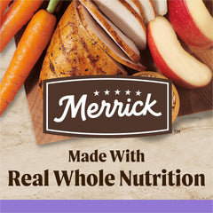 Merrick Healthy Grains para cachorros, croquetas visibles, textura atractiva al servir.