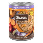 Merrick platillo cachorro pollo lata, comida húmeda nutritiva para cachorros.
