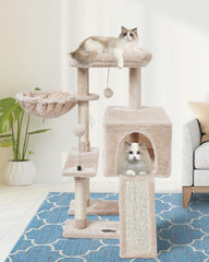 Torre de gato beige de MIAO PAW para interiores, ideal para juego y descanso.