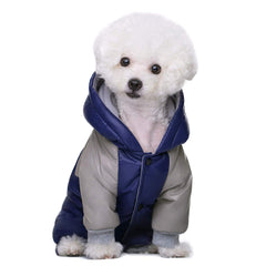 Miaododo diseño cuatro patas con capucha, abrigo práctico para perros activos.