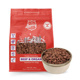 Midwest Legacy Beef, alimento liofilizado para perros, frente de la bolsa, nutrición lista para servir.