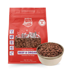 Midwest Legacy Beef, alimento liofilizado para perros, frente de la bolsa, nutrición lista para servir.