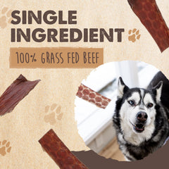 Mighty Paw Naturals tiras de res curadas, snack proteico para perros activos.