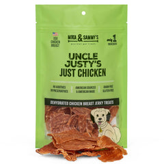 Golosina Mika y Sammy's Jerky de pollo deshidratado, ideal como premio en entrenamiento.