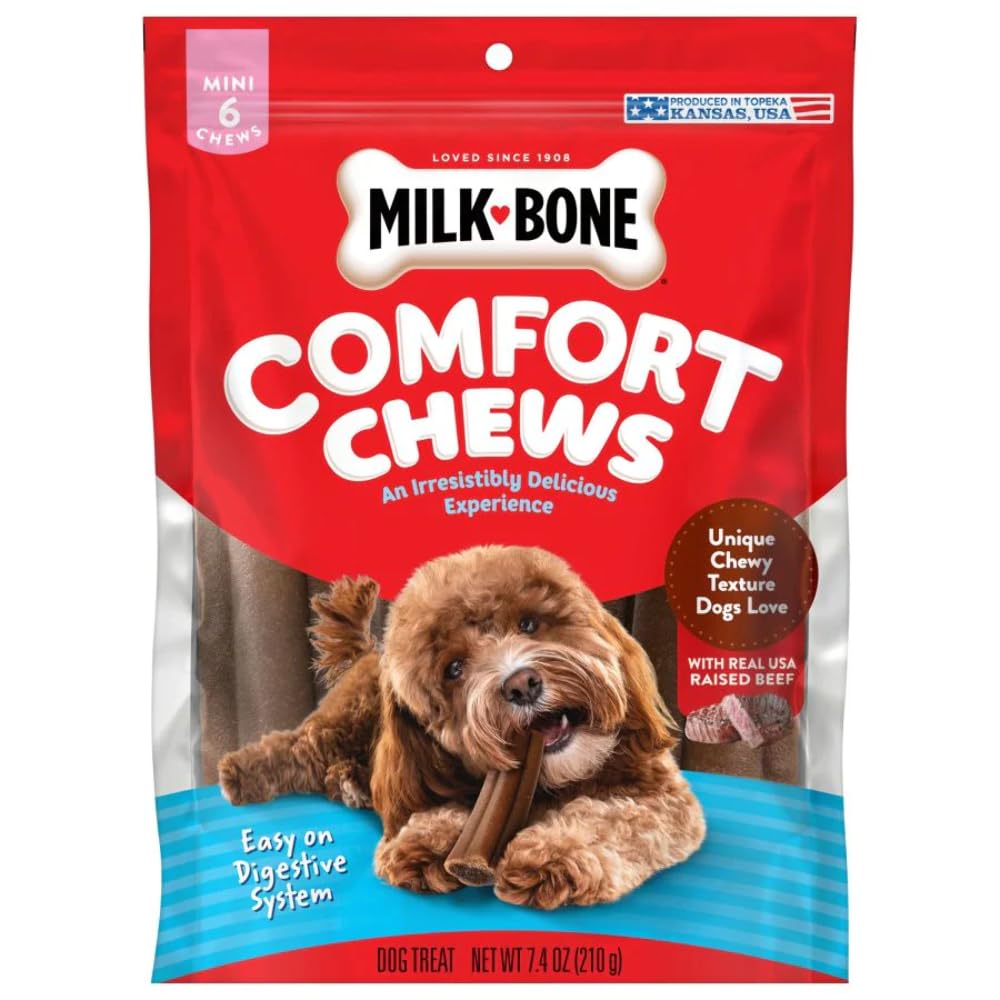 Milk-Bone Mini Comfort Chews, vista frontal del envase, premiar con sabor real para perros.