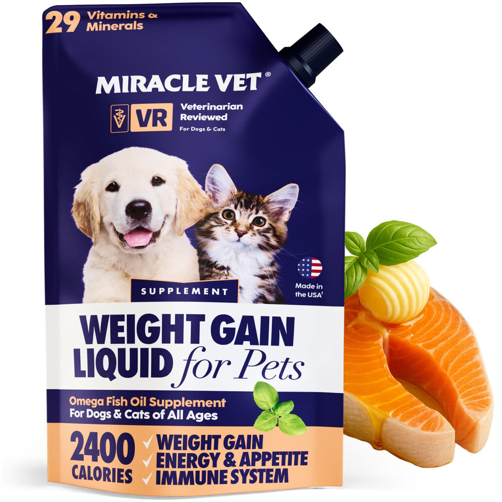 Miracle Vet ganancia de peso alta, vertido de botella, apoyo calorífico para mascotas.