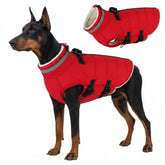 Mklhgty capa-perro-grande-con-arnes-incorporado en rojo, facilita vestirse y aporta seguridad.