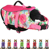 Mklhgty chaleco salvavidas para perro hawaiano, vista frontal, mejora visibilidad al nadar.