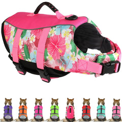 Mklhgty chaleco salvavidas para perro hawaiano, vista frontal, mejora visibilidad al nadar.