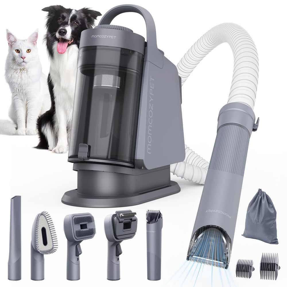 MomcozyPet FurEase, aspiradora de grooming, captura pelo durante el cepillado para un hogar limpio.