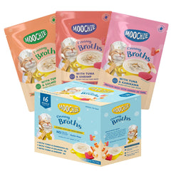 Moochie Caldo cremoso de mariscos con salmón real para gatos, hidratante y sabroso.