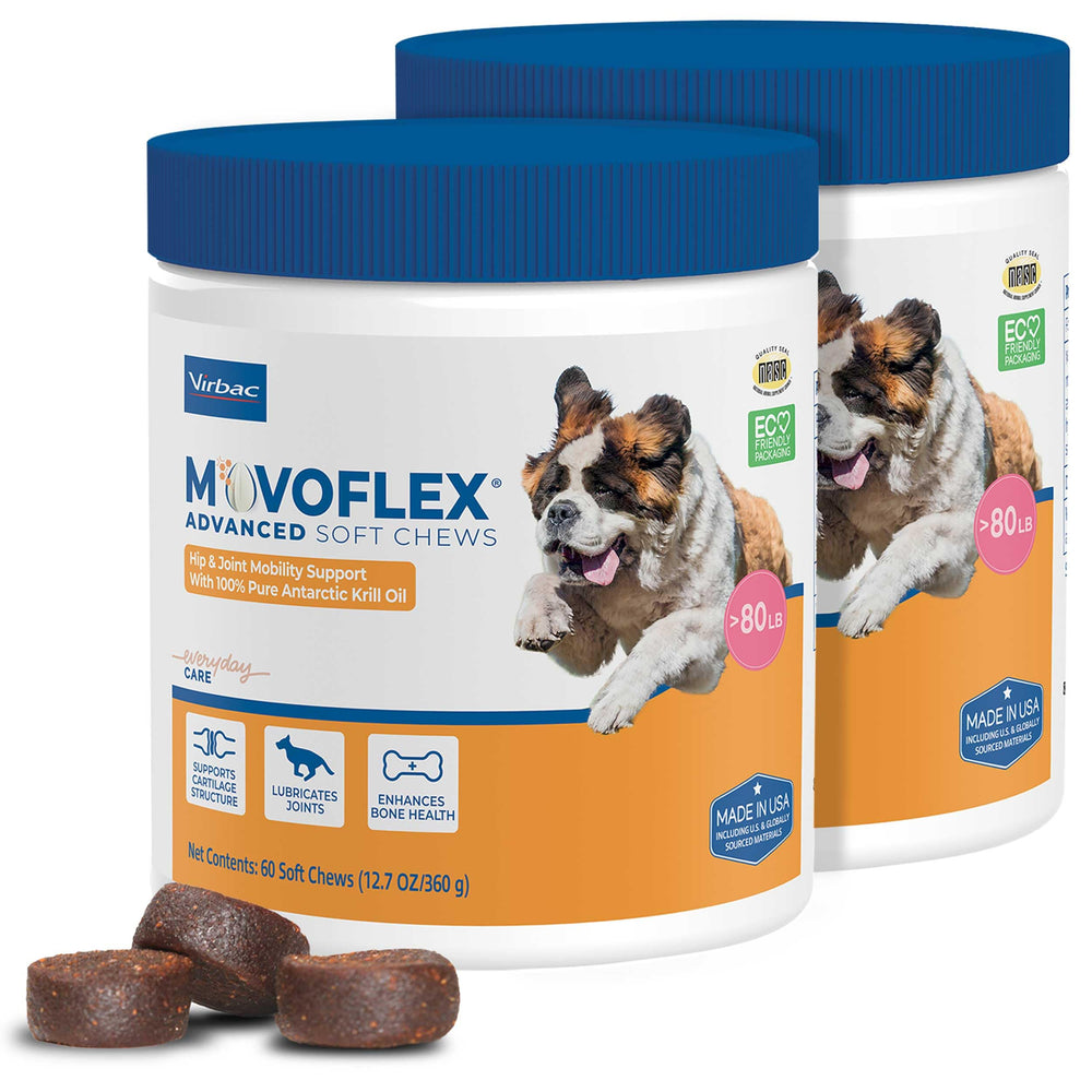 Movoflex gomitas suaves para perros grandes, empaque con dos frascos, uso diario.