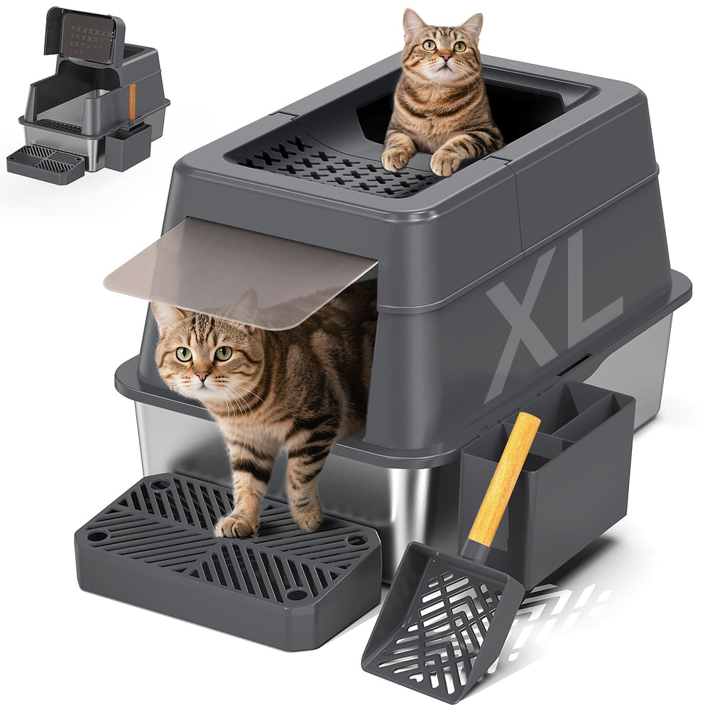 Mutrelenx caja de arena de acero inoxidable con tapa abatible gris para gatos grandes.