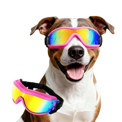 Gafas NAMSAN para perros rosas en frente con protección UV.