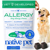 Native Pet: envase de golosinas para alergias caninas, posible apoyo inmunitario.