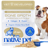 Native Pet caldito de hueso de pollo en envase, para enriquecer comidas con sabor natural.