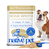 Native Pet caldito de huesos de pollo en polvo para perros y gatos, sabor irresistible y hidratación.