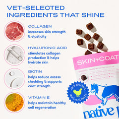Native Pet Omega con colágeno y probióticos para pelaje saludable.