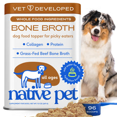 Native Pet: polvo caldo de hueso de res para perros y gatos, realza sabor.