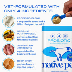 Native Pet Probiotics para perros: etiqueta clara con beneficios sugeridos