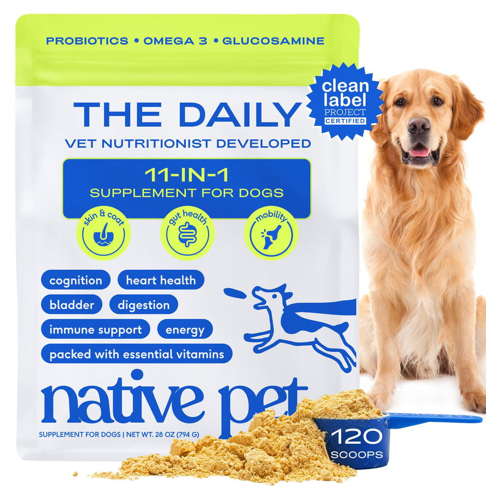 Native Pet vitaminas caninas 11 en 1 en polvo, soporte general de bienestar.