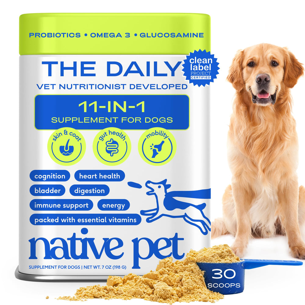 Native Pet vitaminas 11 en 1 en polvo para perros: apoyo a movilidad y energía.