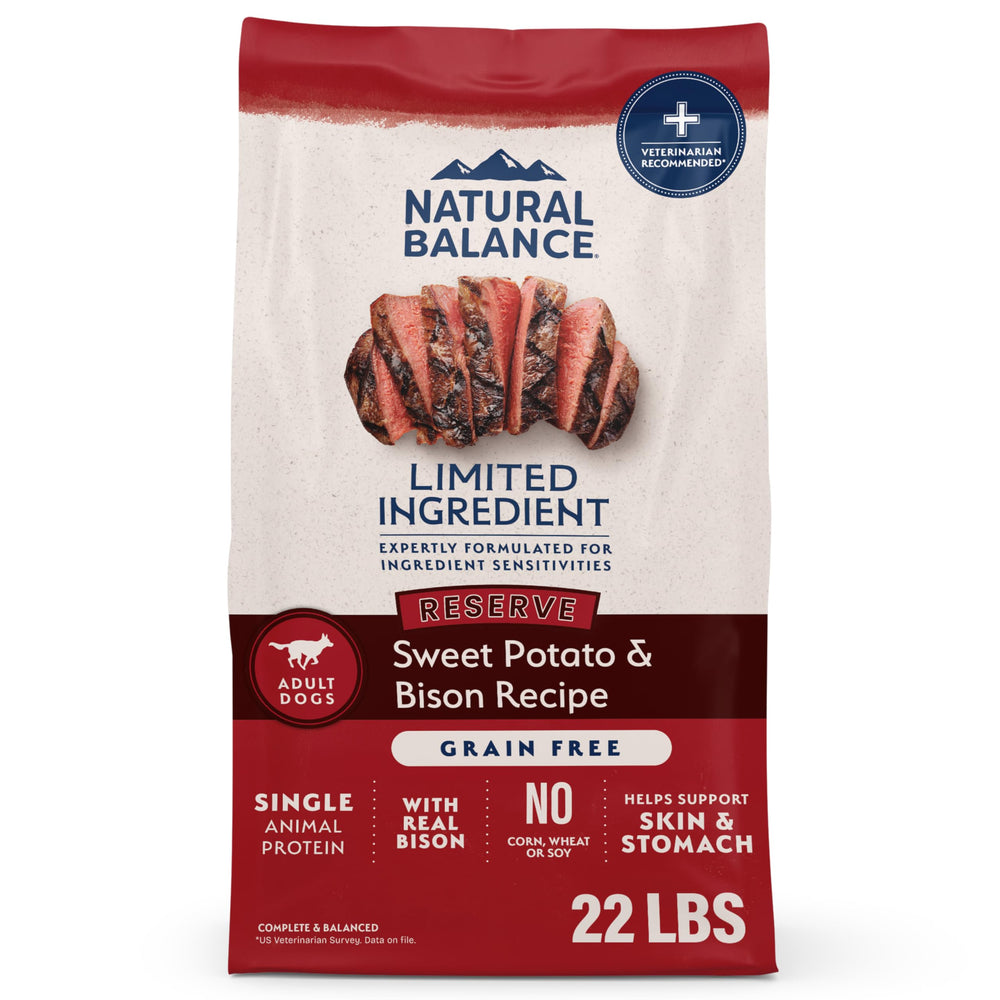 Bolsa Natural Balance de 22 libras con receta de bison y batata dulce, ideal para perros con sensibilidades.