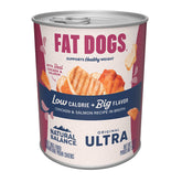 Natural Balance Fat Dogs, lata 13 oz con pollo y salmón en caldo para sabor y proteína.