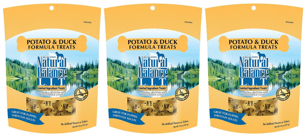 Natural Balance galletas para perro con patata y pato, empaque 3-pack, aptas para entrenamiento diario.