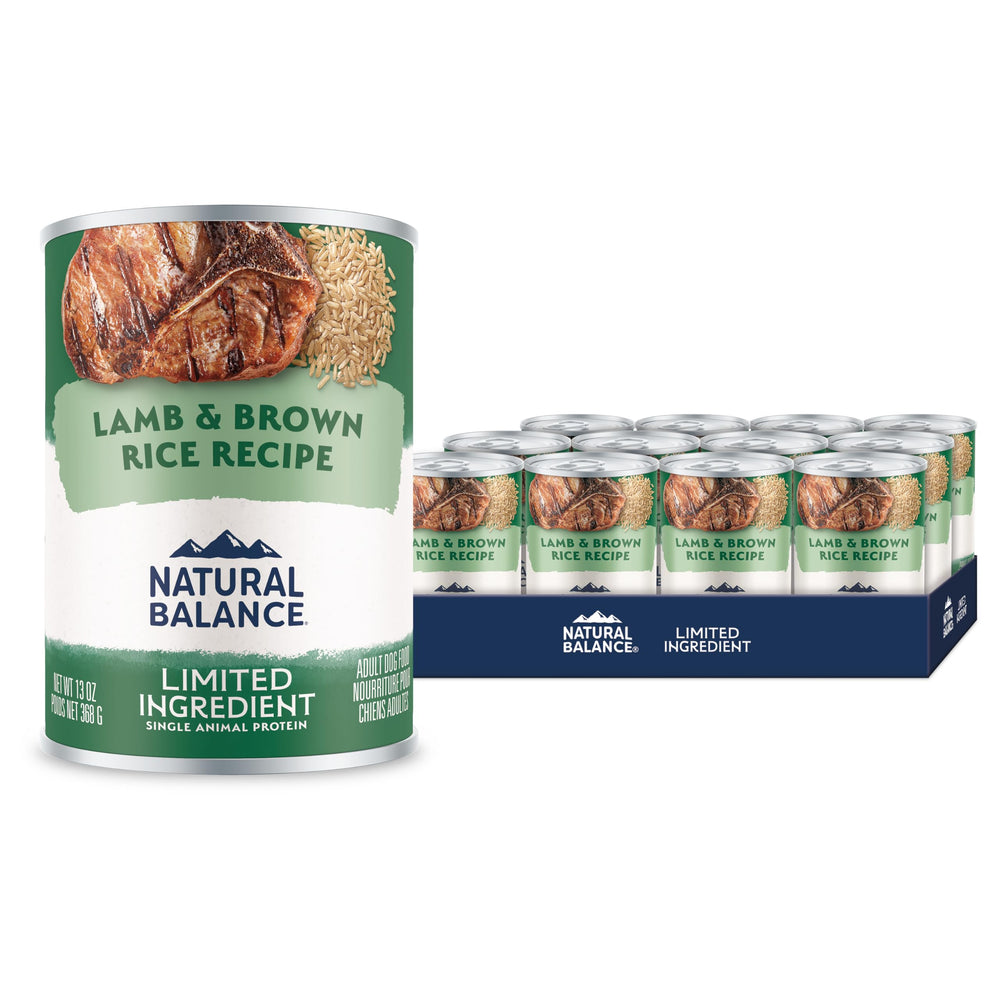 Lata Natural Balance con cordero y arroz marrón, opción sabrosa para dieta simple.