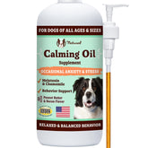 Natural Dog Company Calming Oil, botella de 16 oz para relajación en perros.