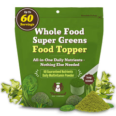 Natural Dog Company Super Greens, botella con etiqueta, nutrición diaria para perros.