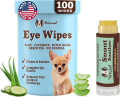 Natural Dog Company: toallitas para ojos y bálsamo para hocico, limpieza suave segura para lamido.