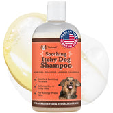 Champú para perros con picazón de Natural Dog Company: botella en primer plano, calmante para piel sensible.