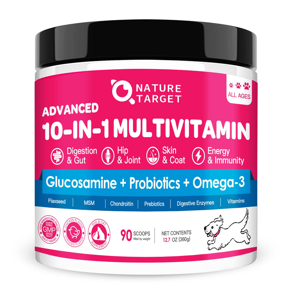 Nature Target polvos vitaminas para perros, sabor a pollo, apoyo diario para salud general.