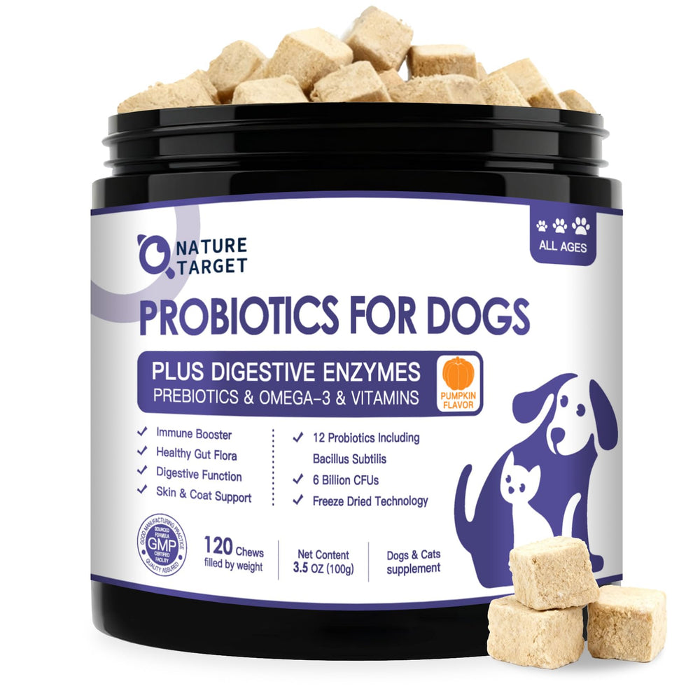 Nature Target Probiotics para perros, frasco; dosificación diaria para digestión equilibrada.