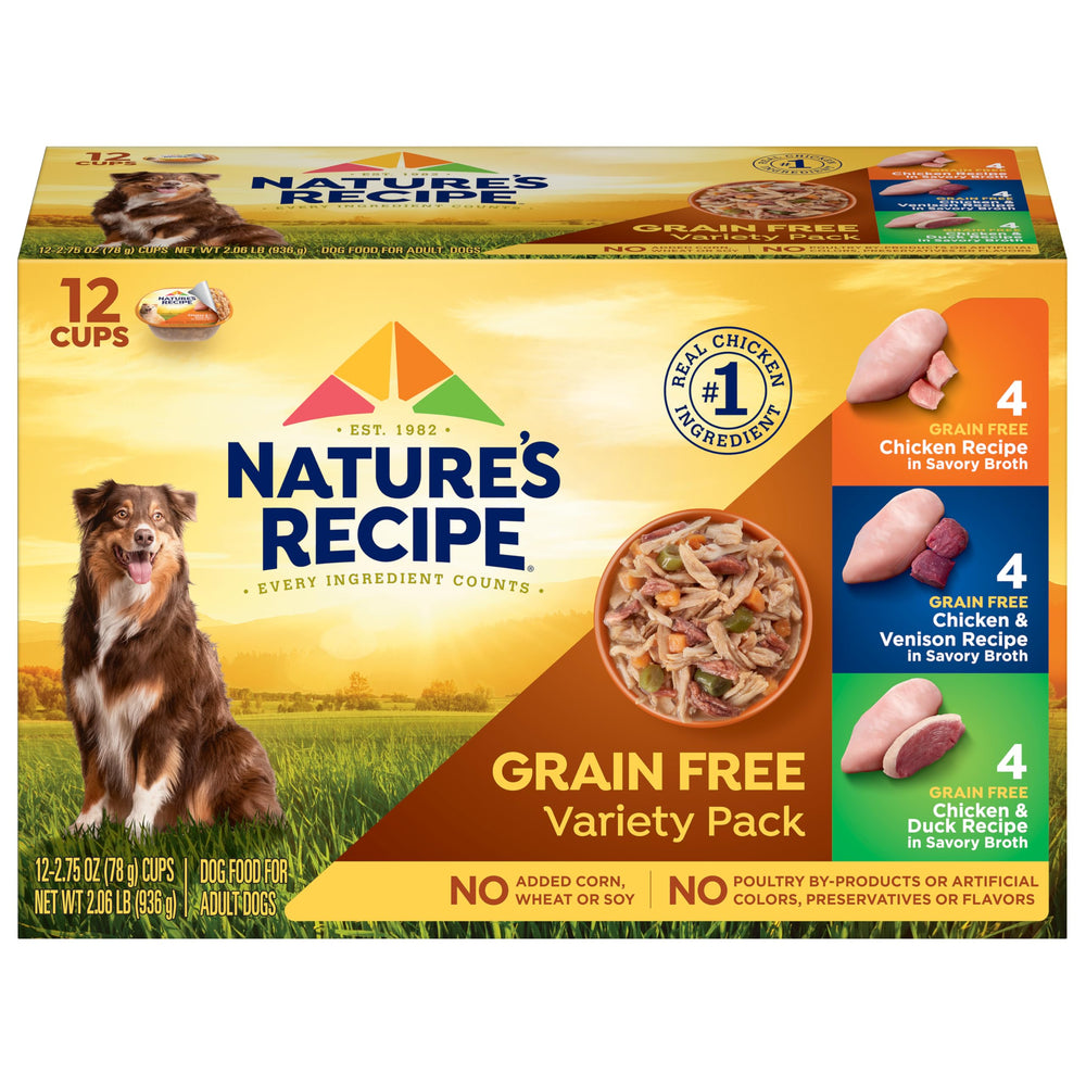 Nature's Recipe copa pollo sin granos en caldo sabroso, ideal para una comida diaria equilibrada.