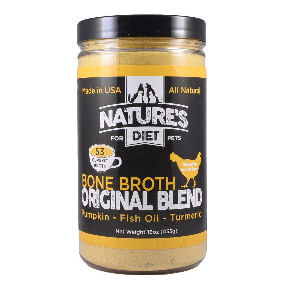 Envase de Nature's Diet Caldo de Huesos para mascotas, fácil de almacenar.