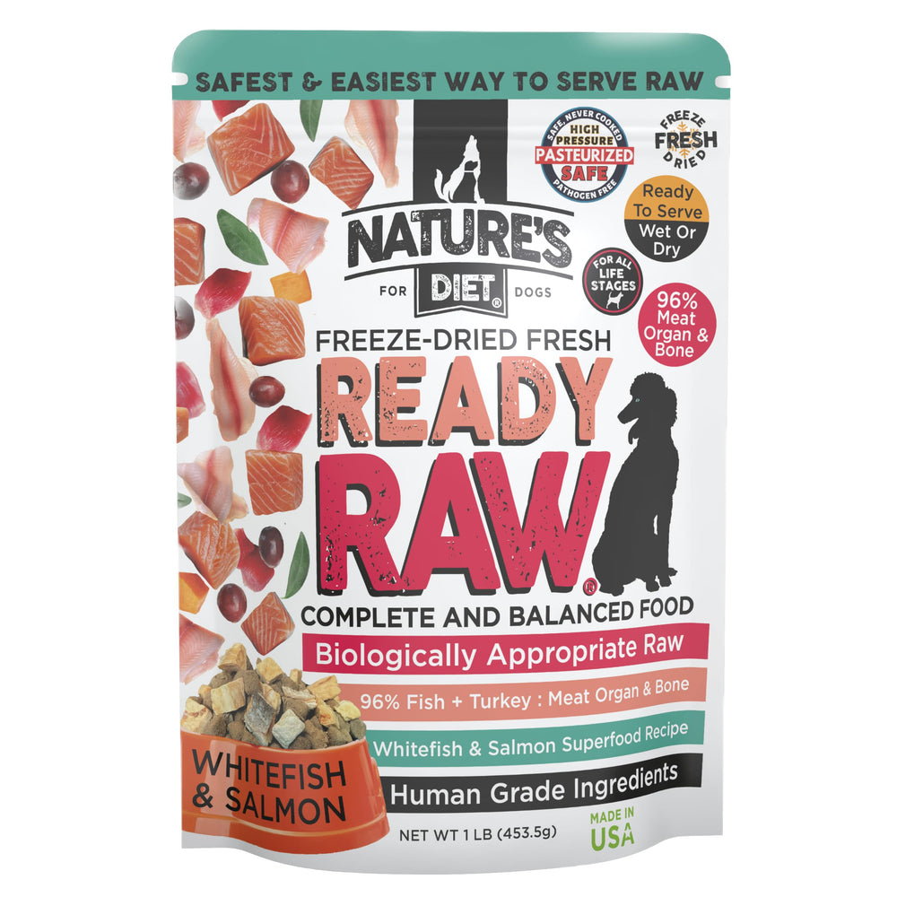 Nature's Diet Ready Raw: trozos de salmón y pescado blanco para perros, sabrosos y fáciles de servir.