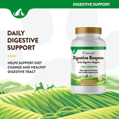 Etiqueta de NaturVet Digestive Enzymes Probiotics con información de ingredientes y beneficios digestivos.