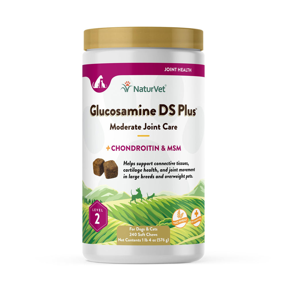 NaturVet Glucosamina DS Plus: bote de masticables suaves para movilidad diaria.