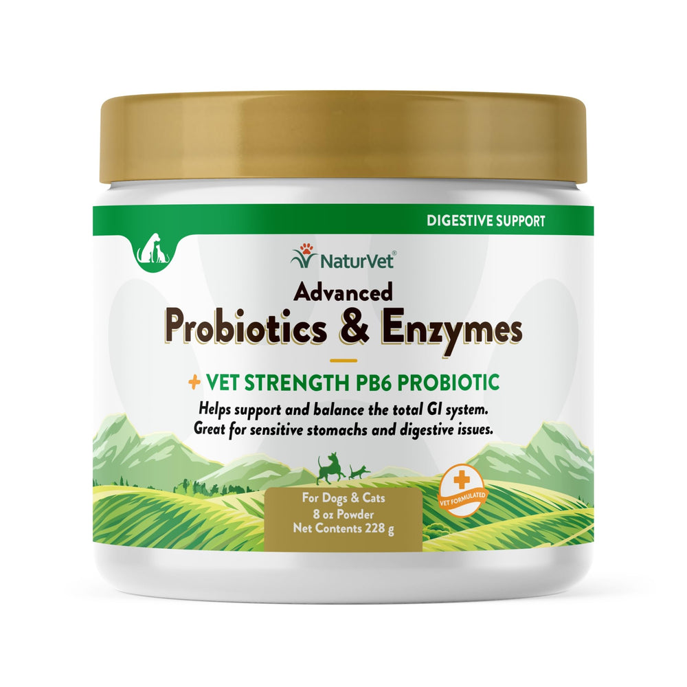 NaturVet probióticos y enzimas en polvo en caja, apoyo para la digestión diaria.