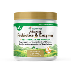 NaturVet probioticos-enzimas polvo para perros y gatos, apoyo digestivo suave.